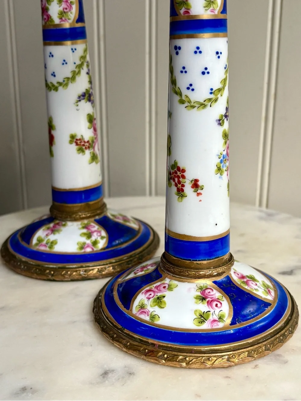 Antique L.P. Paris Sèvres-Style Porcelain & Bronze Hand-Painted Candlesticks VTG